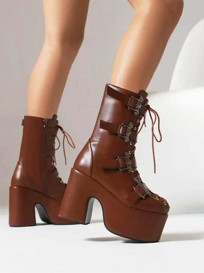 Punk Goth Women Motorcycle Boots Block /High Heels Platform Shoes