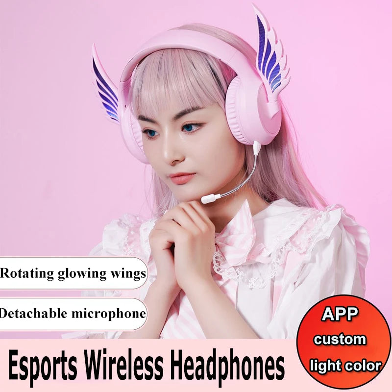 Victorious Valkyrie Wing Bluetooth Headphones with Detachable Noise Reduction Microphone App Control Light Color