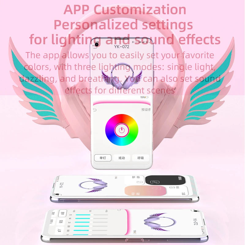 Victorious Valkyrie Wing Bluetooth Headphones with Detachable Noise Reduction Microphone App Control Light Color