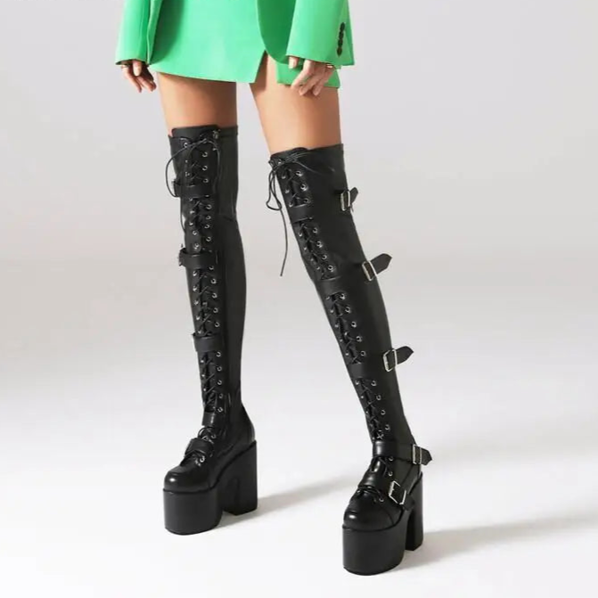 Punk Goth Women Motorcycle Boots Block /High Heels Platform Shoes