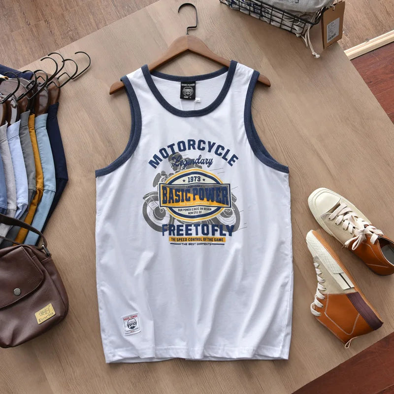 American Letter Print 100% Cotton Sleeveless Vest for Men / Vintage Summer Casual Loose Tank Tops