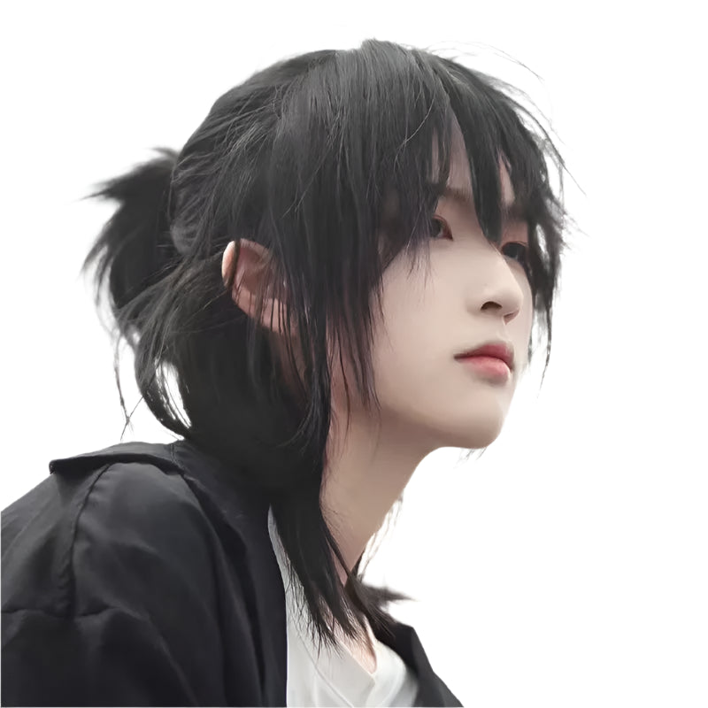 Short Mullet Head Wigs with Bangs/ Synthetic Straight Anime Men Black Hair Wig / Cosplay Wig