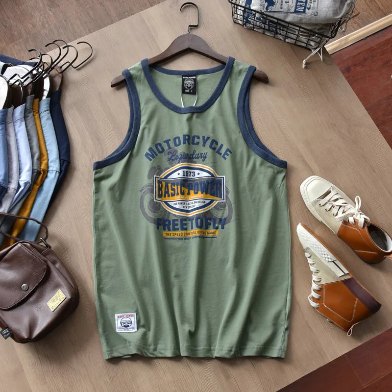 American Letter Print 100% Cotton Sleeveless Vest for Men / Vintage Summer Casual Loose Tank Tops