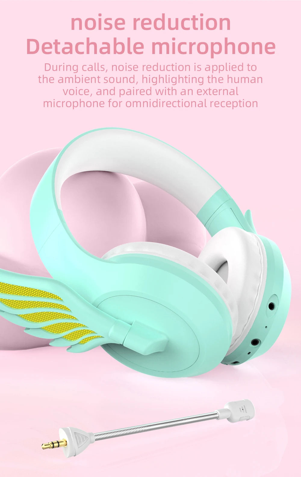 Victorious Valkyrie Wing Bluetooth Headphones with Detachable Noise Reduction Microphone App Control Light Color