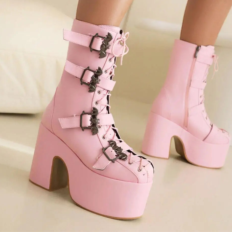 Punk Goth Women Motorcycle Boots Block /High Heels Platform Shoes