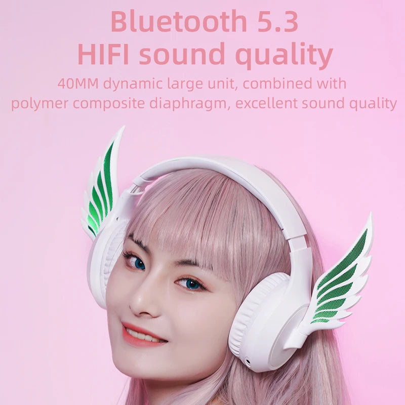 Victorious Valkyrie Wing Bluetooth Headphones with Detachable Noise Reduction Microphone App Control Light Color
