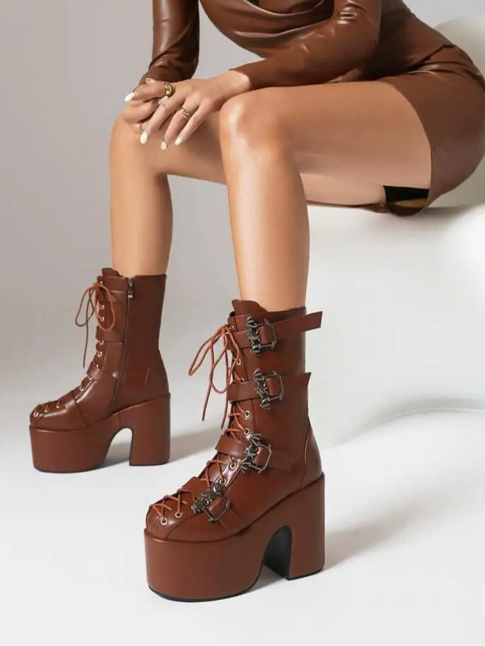 Punk Goth Women Motorcycle Boots Block /High Heels Platform Shoes