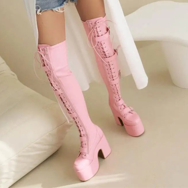 Punk Goth Women Motorcycle Boots Block /High Heels Platform Shoes
