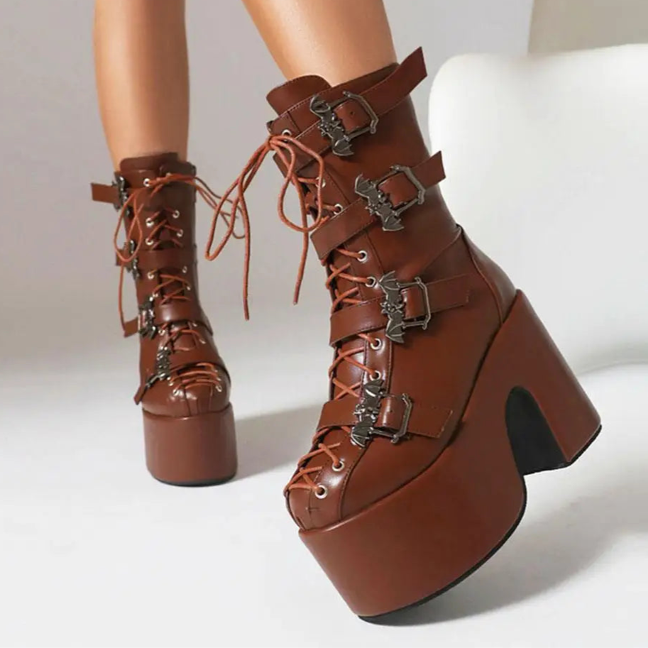 Punk Goth Women Motorcycle Boots Block /High Heels Platform Shoes