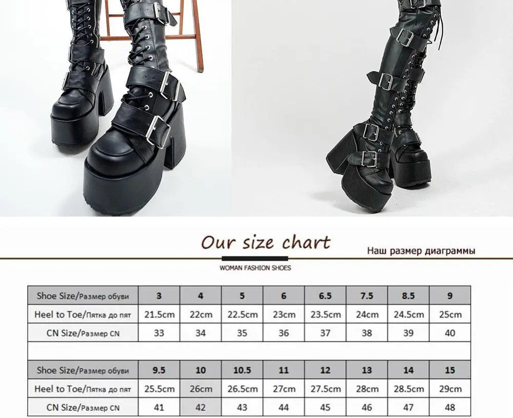 Punk Goth Women Motorcycle Boots Block /High Heels Platform Shoes