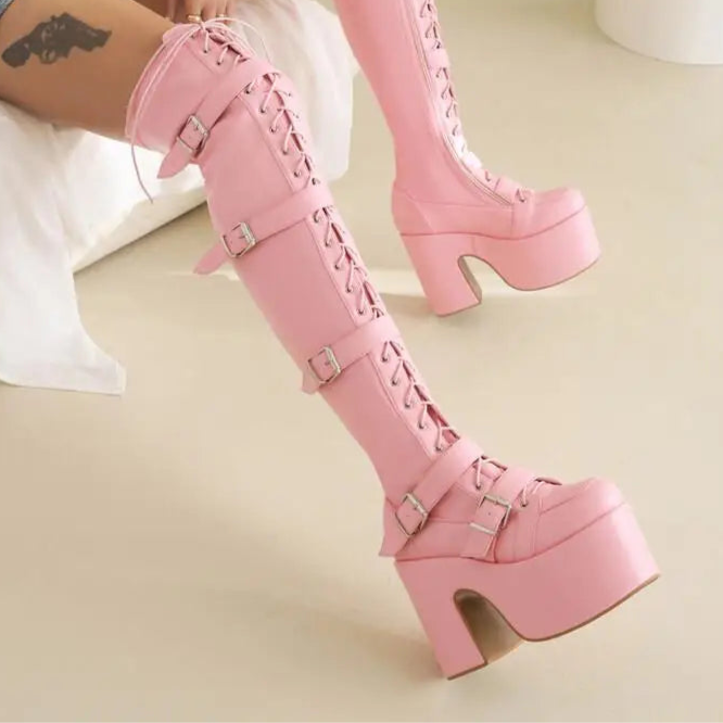 Punk Goth Women Motorcycle Boots Block /High Heels Platform Shoes
