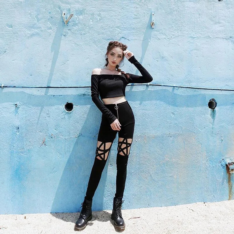Hollow Out Pants Goth Sexy Pentagram / Harajuku Grunge Black Trousers (Victorious Obsidian Victory Pants)