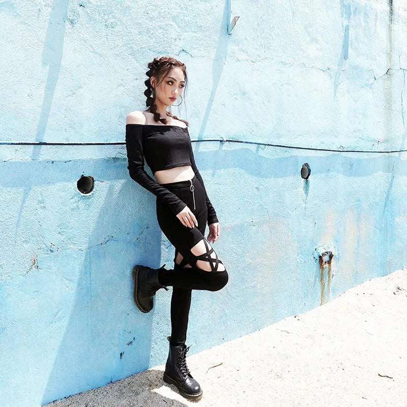 Hollow Out Pants Goth Sexy Pentagram / Harajuku Grunge Black Trousers (Victorious Obsidian Victory Pants)