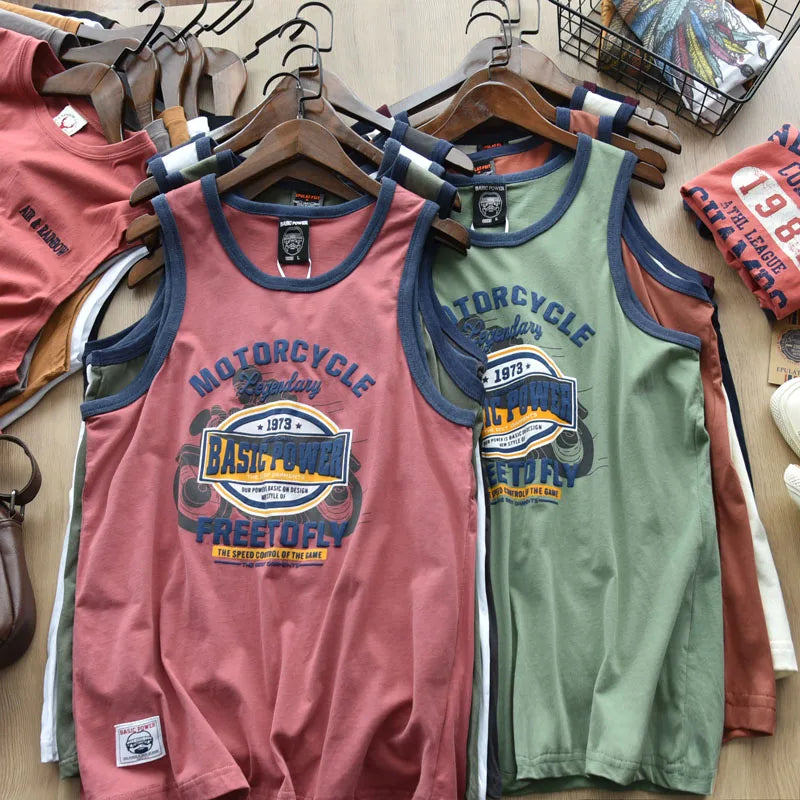 American Letter Print 100% Cotton Sleeveless Vest for Men / Vintage Summer Casual Loose Tank Tops