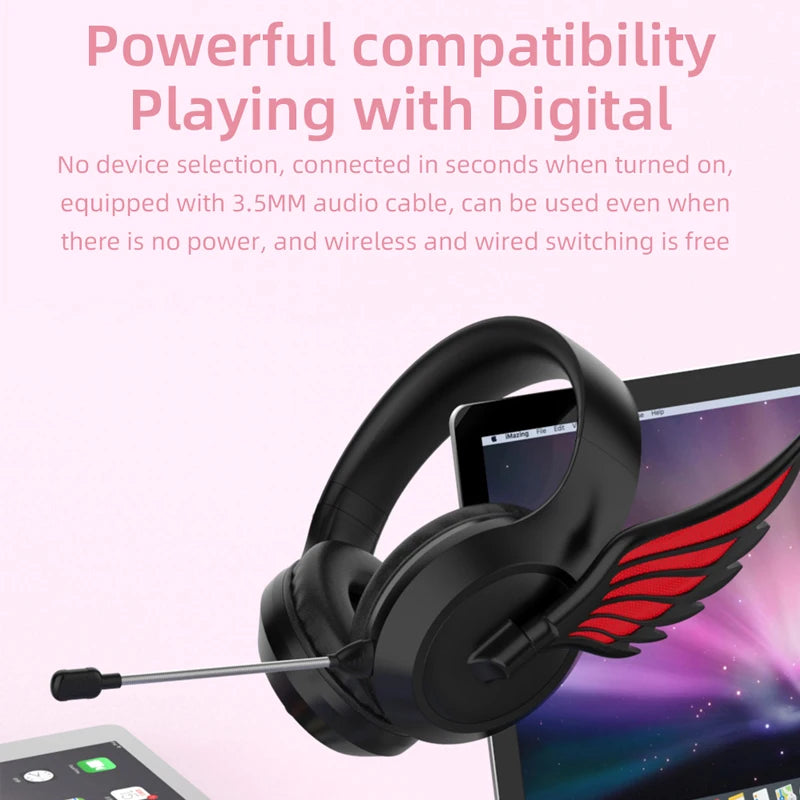 Victorious Valkyrie Wing Bluetooth Headphones with Detachable Noise Reduction Microphone App Control Light Color