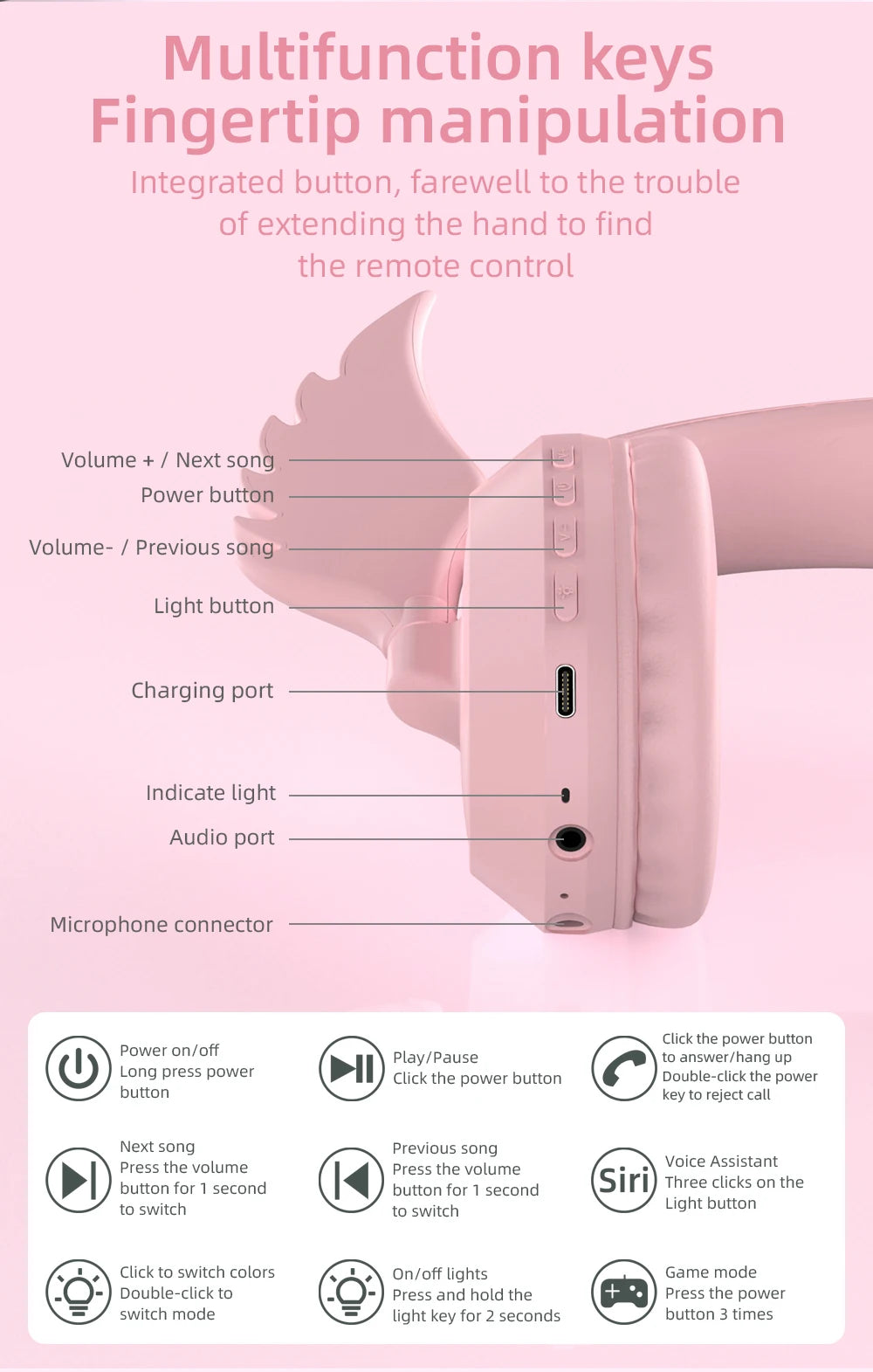 Victorious Valkyrie Wing Bluetooth Headphones with Detachable Noise Reduction Microphone App Control Light Color
