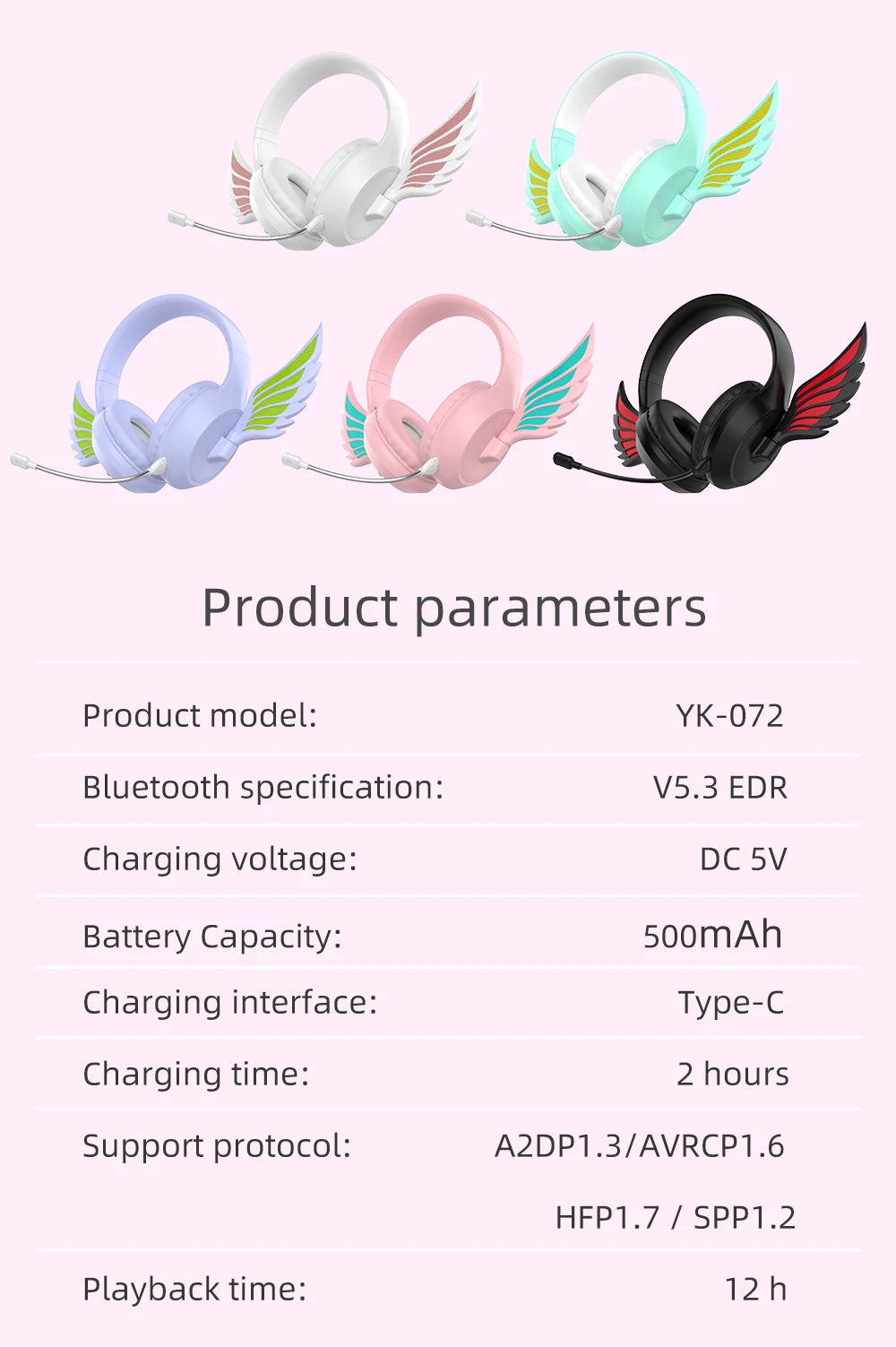 Victorious Valkyrie Wing Bluetooth Headphones with Detachable Noise Reduction Microphone App Control Light Color