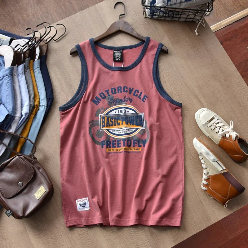 American Letter Print 100% Cotton Sleeveless Vest for Men / Vintage Summer Casual Loose Tank Tops