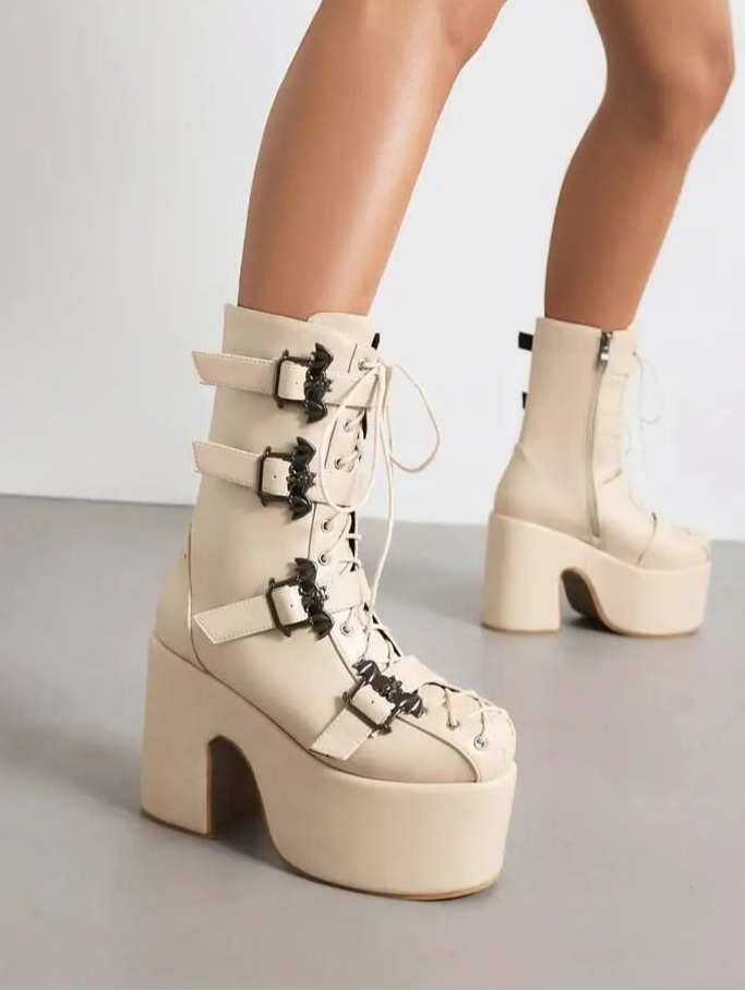 Punk Goth Women Motorcycle Boots Block /High Heels Platform Shoes