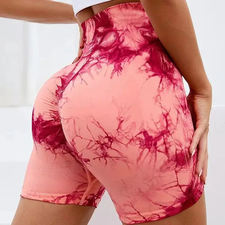 Seamless Tie Dye Sport Shorts / Elastic Scrunch High Waist Gym Shorts