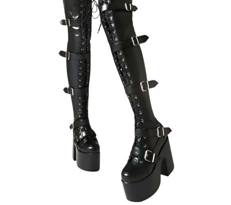 Punk Goth Women Motorcycle Boots Block /High Heels Platform Shoes
