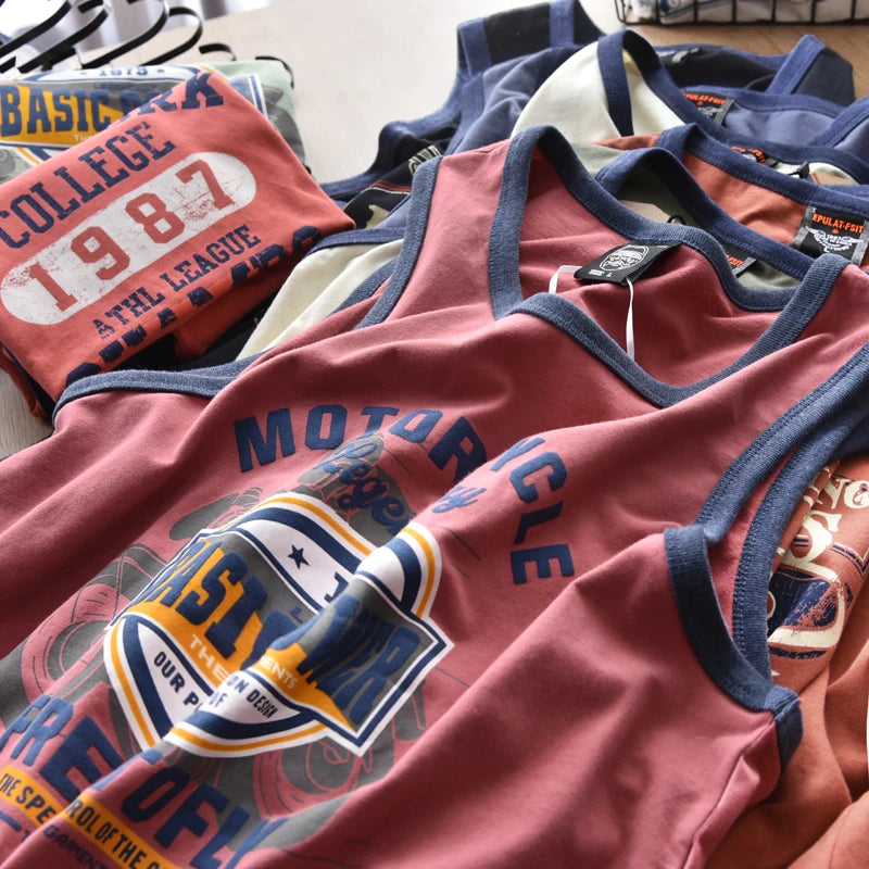 American Letter Print 100% Cotton Sleeveless Vest for Men / Vintage Summer Casual Loose Tank Tops