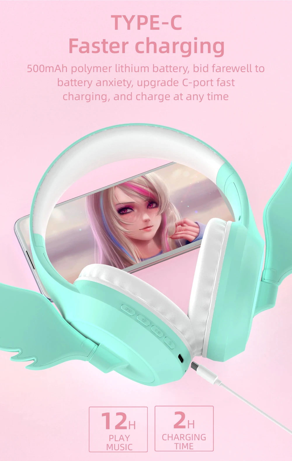 Victorious Valkyrie Wing Bluetooth Headphones with Detachable Noise Reduction Microphone App Control Light Color
