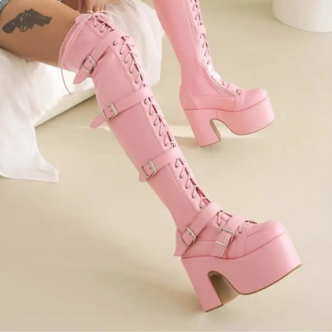 Punk Goth Women Motorcycle Boots Block /High Heels Platform Shoes