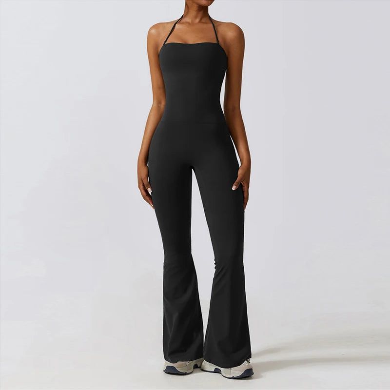 Women Sleeveless Yoga Jumpsuit/ Gym Flared Overalls (Victorious SynthWave)