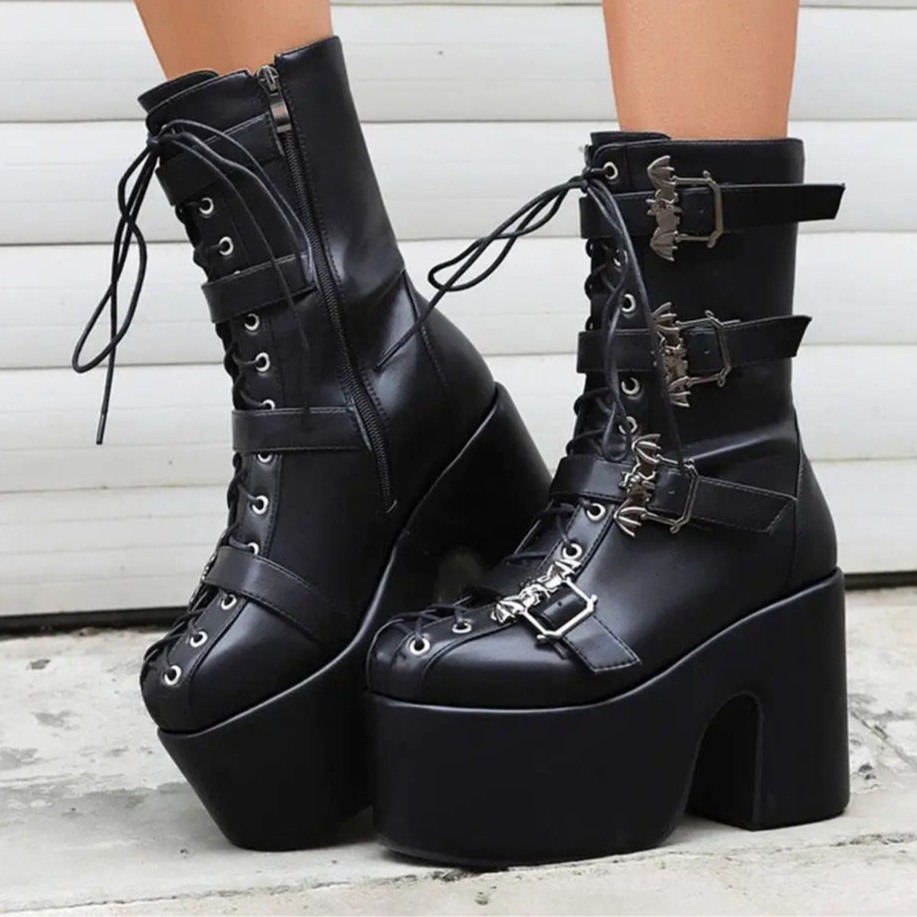 Punk Goth Women Motorcycle Boots Block /High Heels Platform Shoes