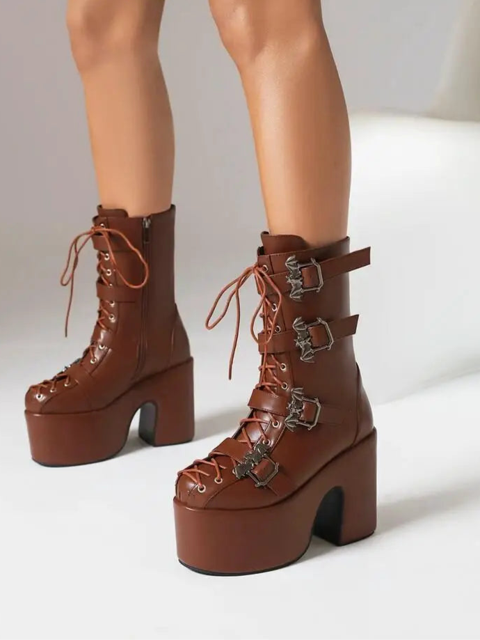 Punk Goth Women Motorcycle Boots Block /High Heels Platform Shoes