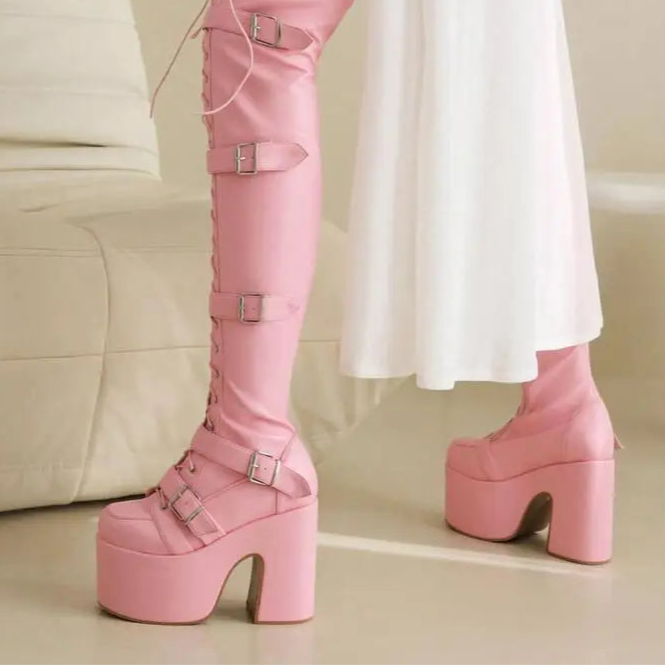 Punk Goth Women Motorcycle Boots Block /High Heels Platform Shoes