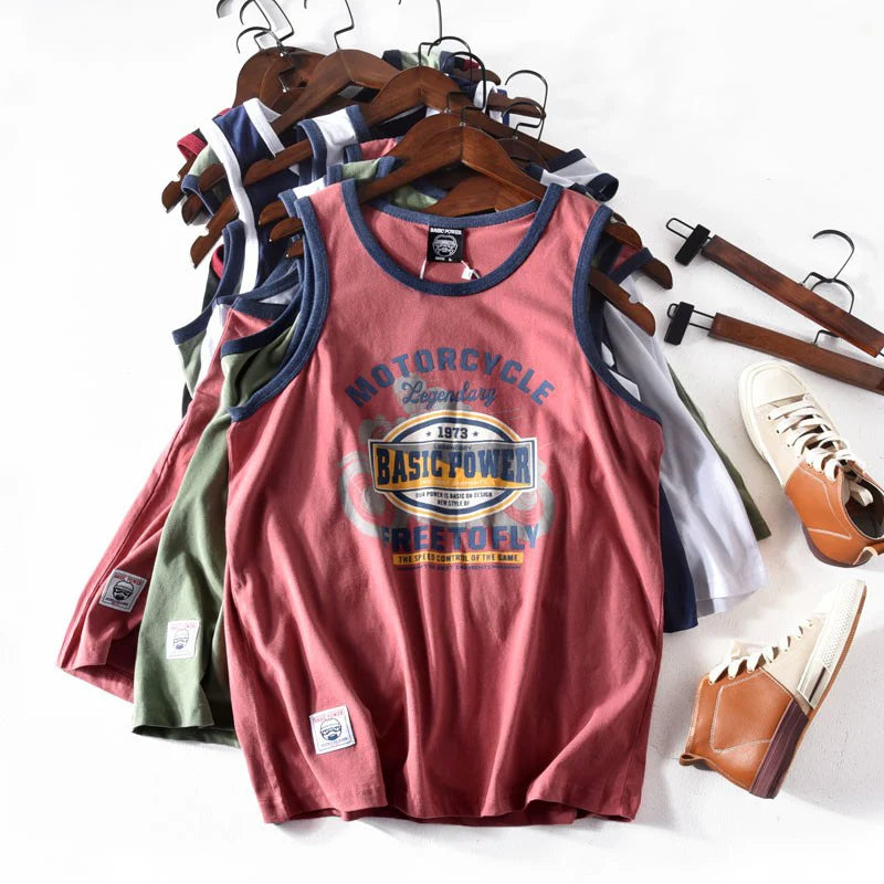 American Letter Print 100% Cotton Sleeveless Vest for Men / Vintage Summer Casual Loose Tank Tops