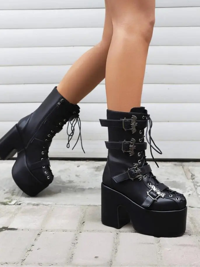 Punk Goth Women Motorcycle Boots Block /High Heels Platform Shoes