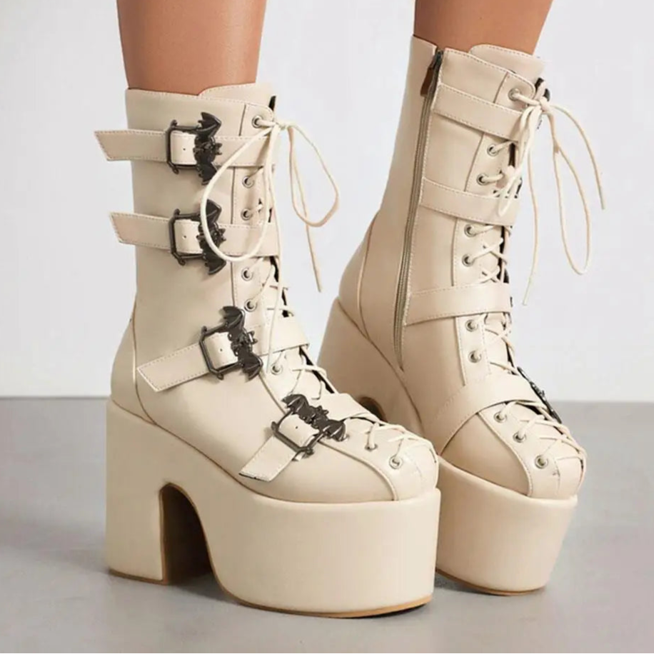 Punk Goth Women Motorcycle Boots Block /High Heels Platform Shoes