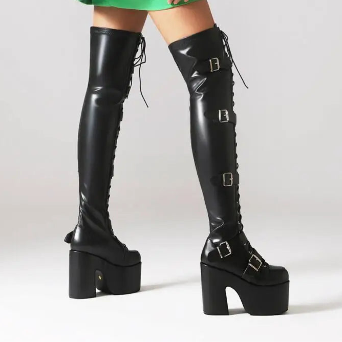 Punk Goth Women Motorcycle Boots Block /High Heels Platform Shoes