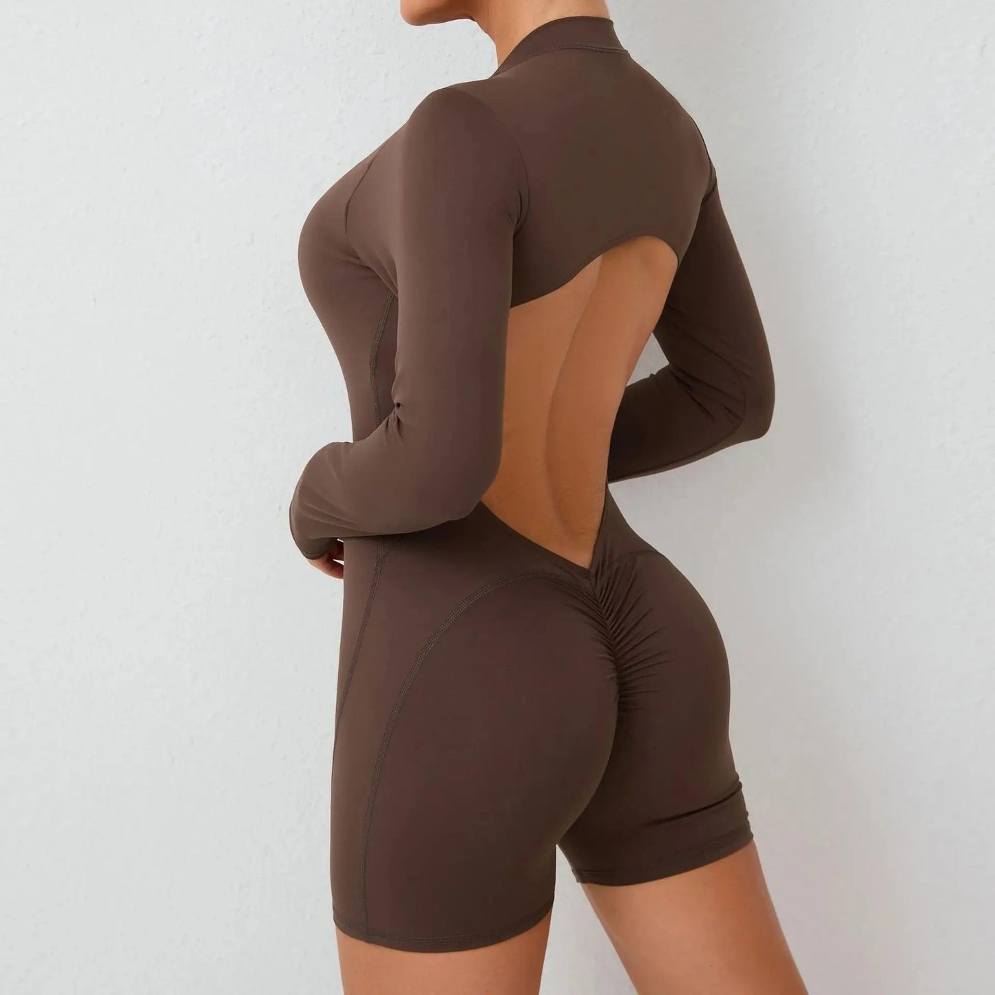 Coffee / S Women Backless Open Black Jumpsuit with Shorts / Gym One Piece Suit with Short / Bodycon (Comet)