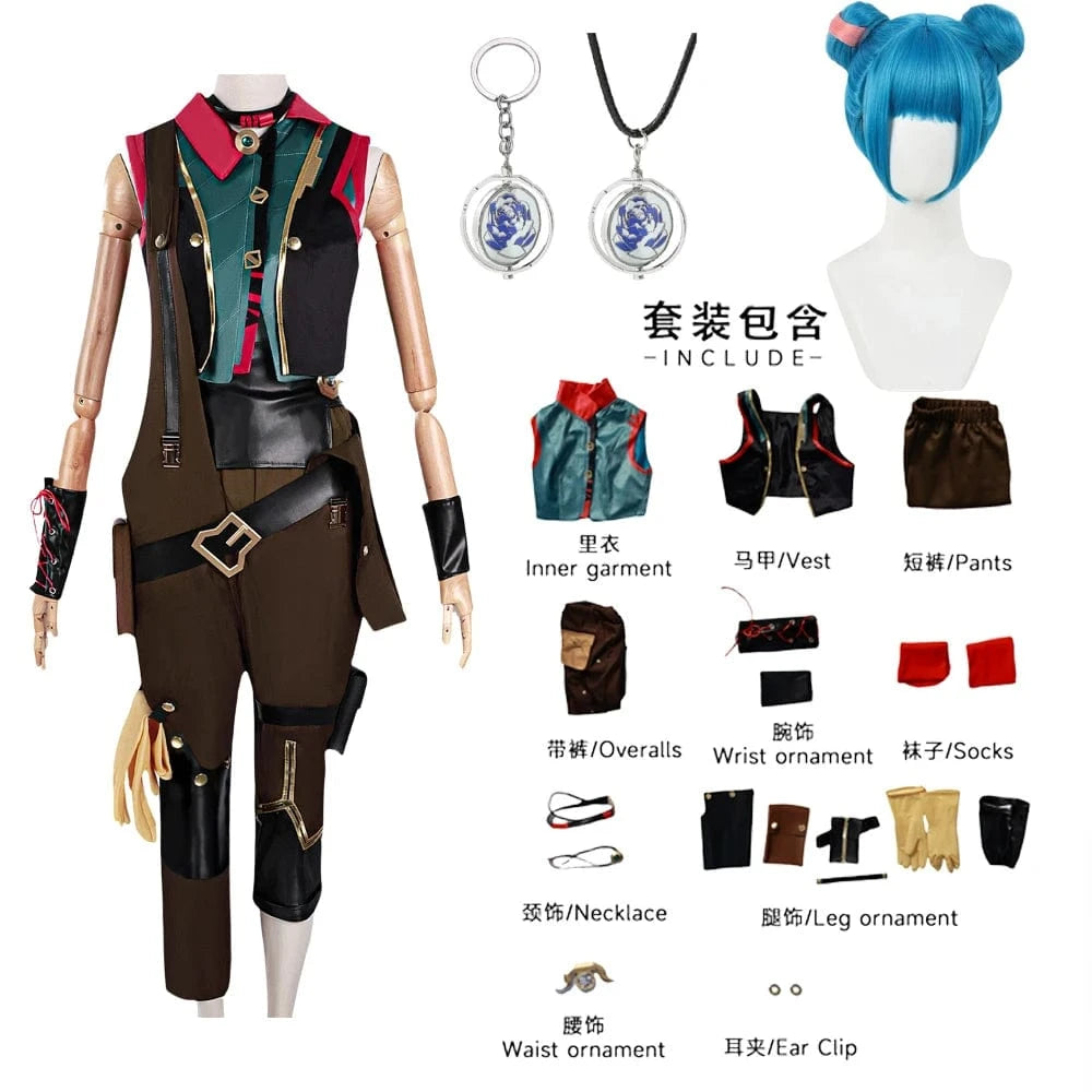 Green & Gold Outfit with Fun Buns Wig / XS Jinx season 2 overall and dress cosplay Tier 2