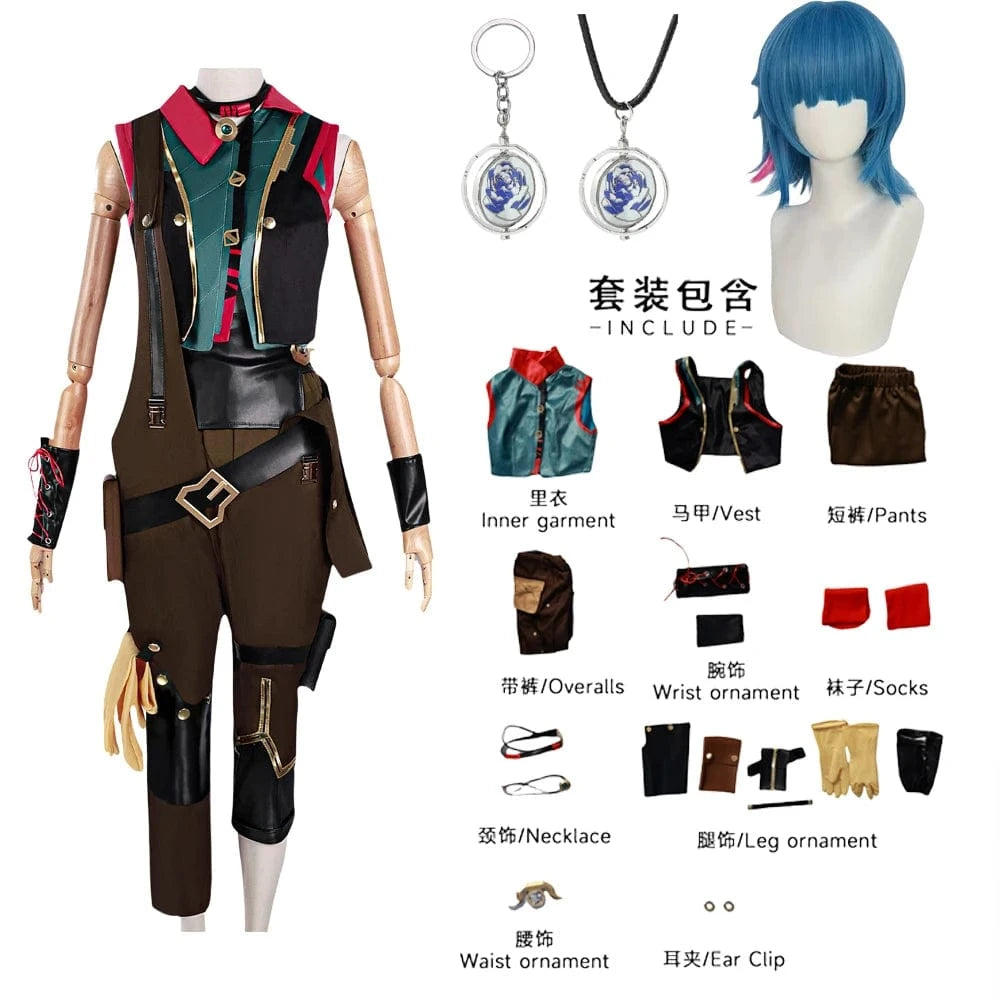 Green & Gold Outfit With Straight Hair Wig / XS Jinx season 2 overall and dress cosplay Tier 2