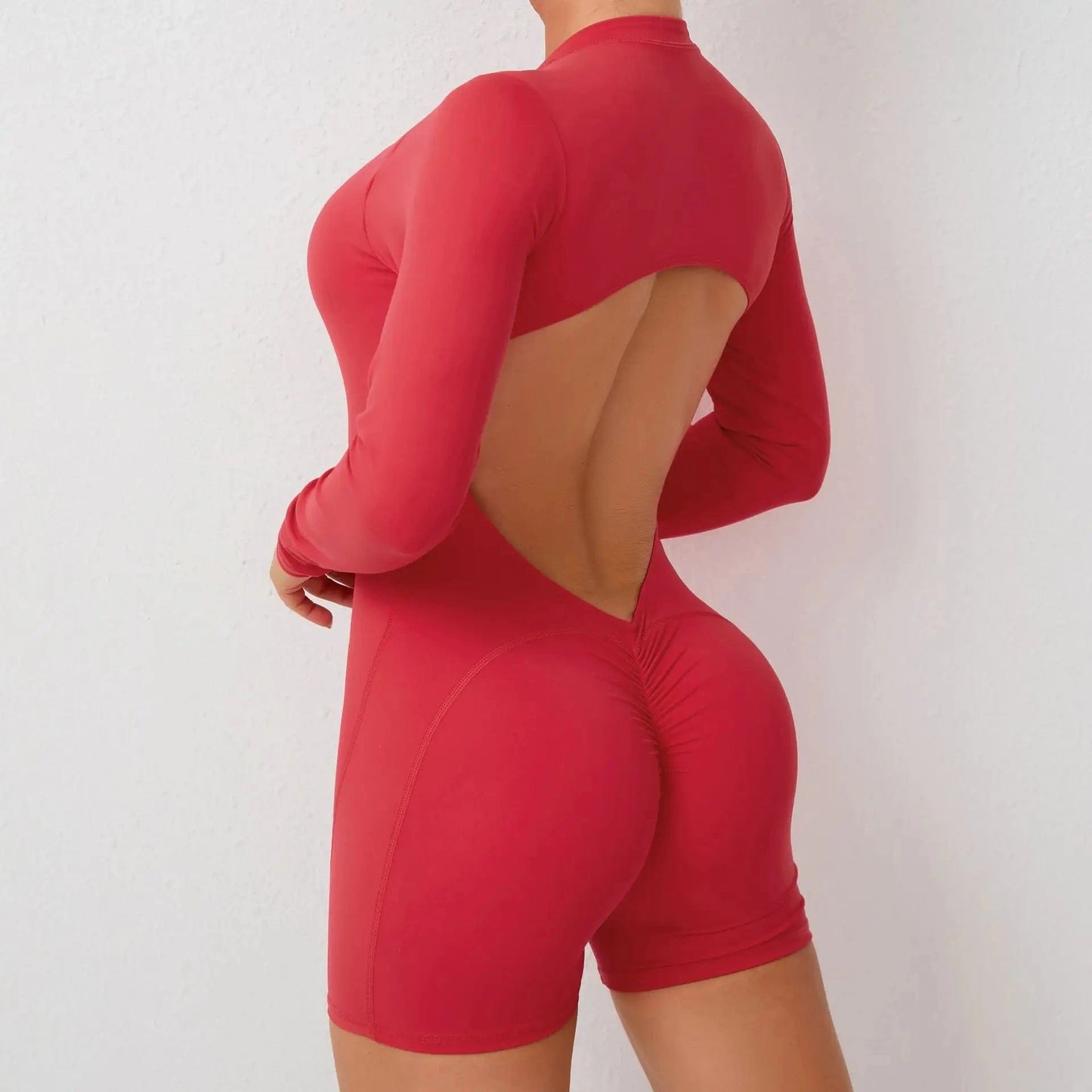 Red / S Women Backless Open Black Jumpsuit with Shorts / Gym One Piece Suit with Short / Bodycon (Comet)