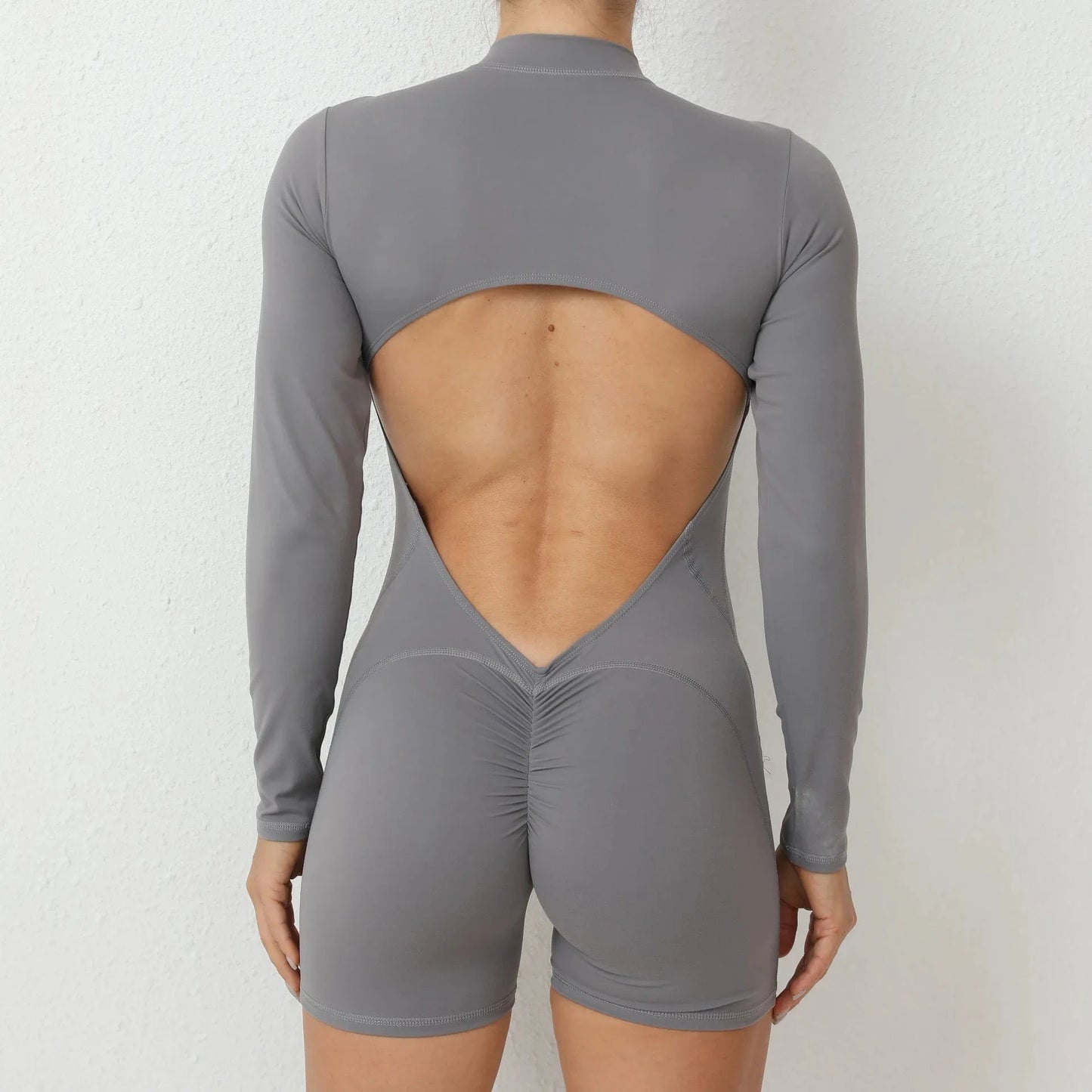 Women Backless Open Black Jumpsuit with Shorts / Gym One Piece Suit with Short / Bodycon (Comet)