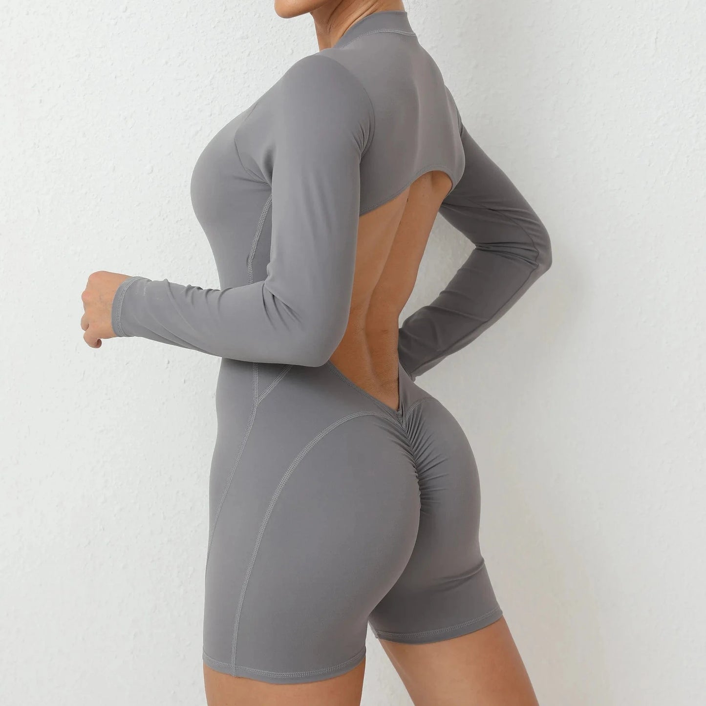 Women Backless Open Black Jumpsuit with Shorts / Gym One Piece Suit with Short / Bodycon (Comet)