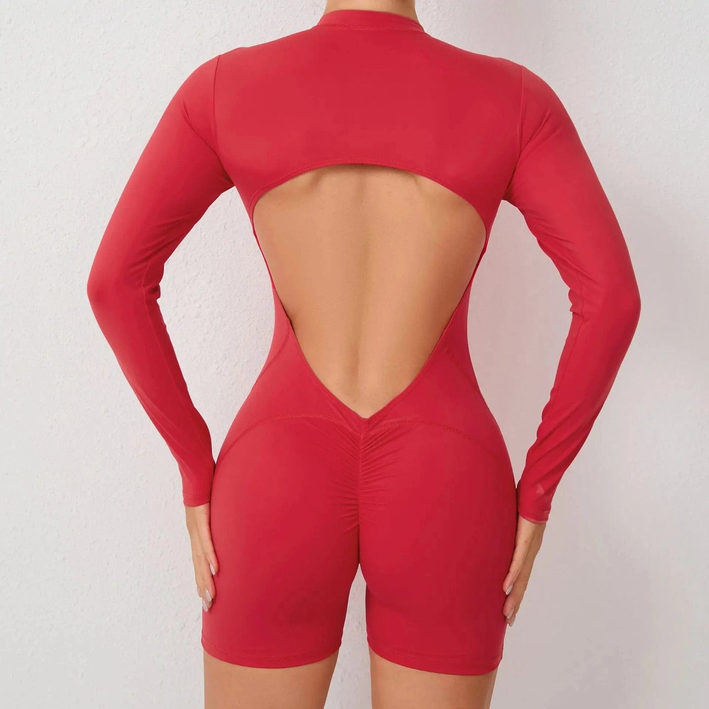 Women Backless Open Black Jumpsuit with Shorts / Gym One Piece Suit with Short / Bodycon (Comet)