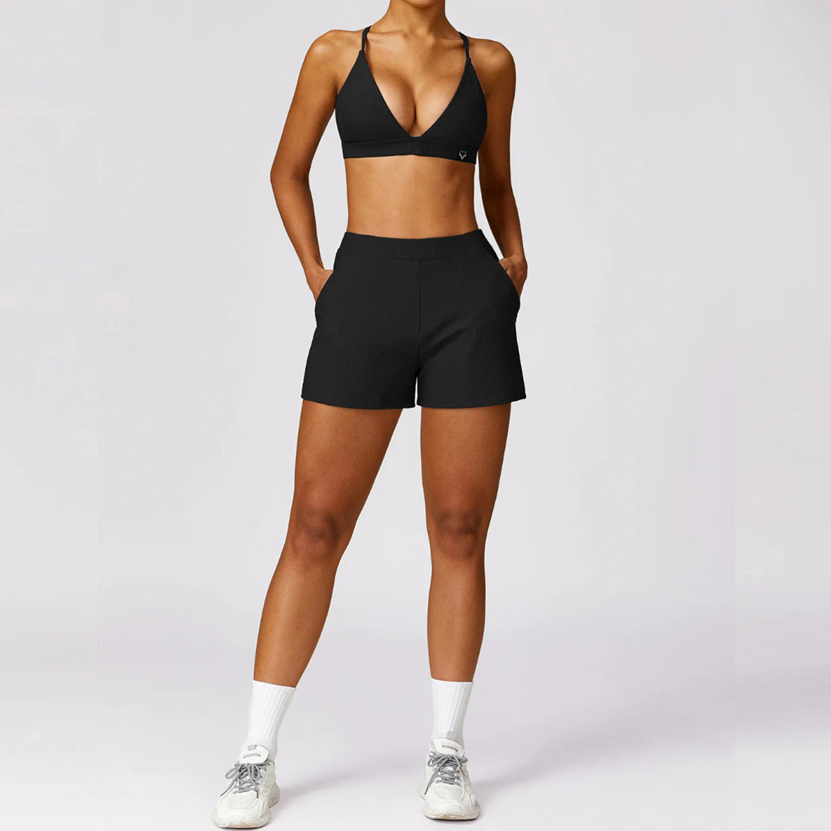 2Pcs Ribbed Shorts Set Women/ Full Workout Suit with Gym Bra