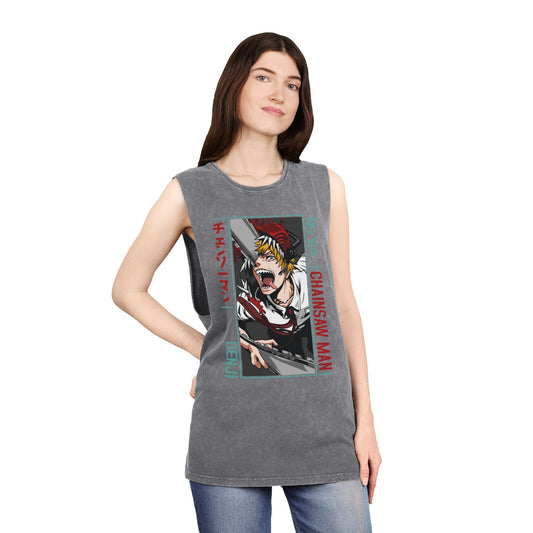 Unisex Anime Stonewash Tank Top - Anime Chainsaw Man Denji Awakening