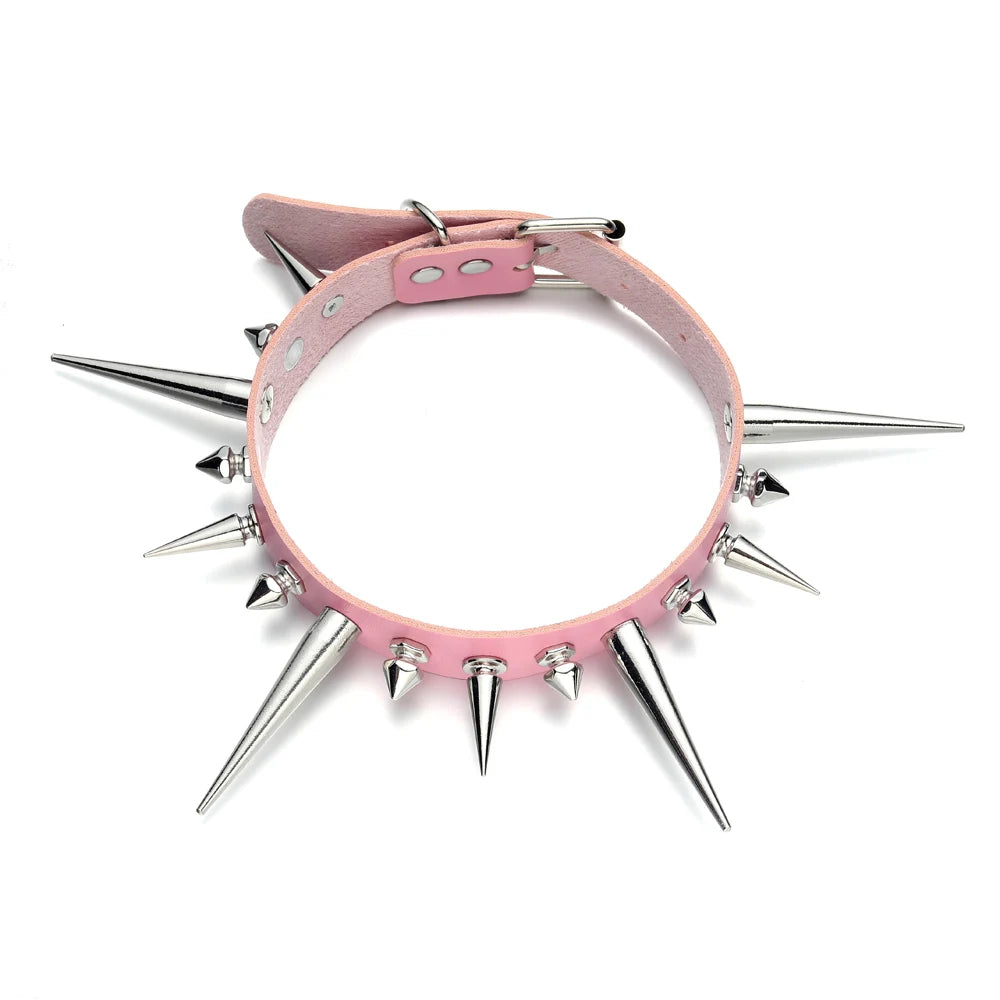 Long Spike Choker Punk Faux Leather Collar For Women & Men / Goth Necklace Accessories