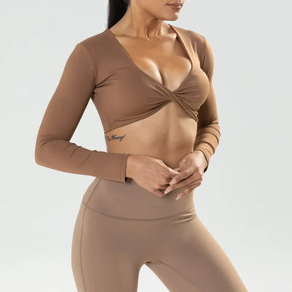 Victorious Long Sleeve Gym Crop Tops for Women / Twist Deep V