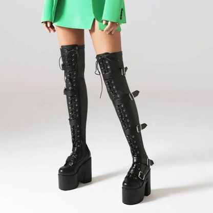 Punk Goth Women Motorcycle Boots Block /High Heels Platform Shoes