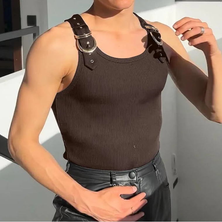 Buckle Belt Straps Ribbed Tank Top