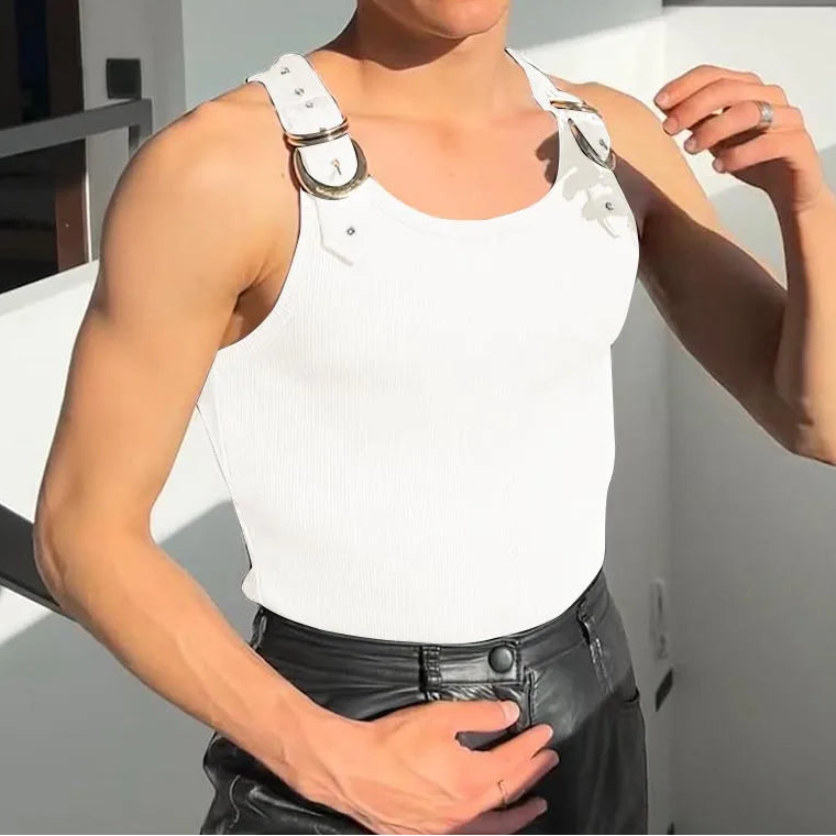 Buckle Belt Straps Ribbed Tank Top